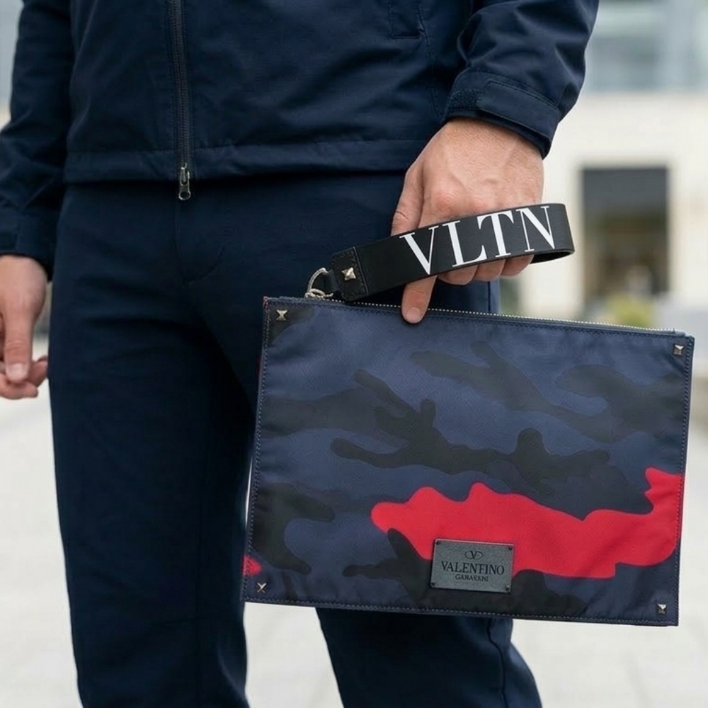 Valentino Men's Blue and Red Camouflage Toiletry Bag